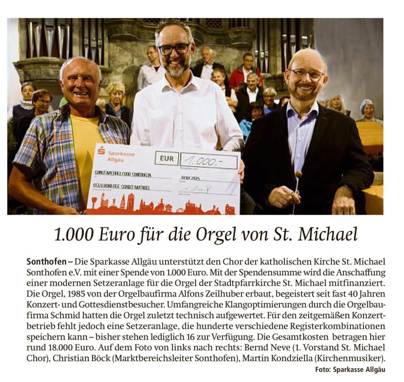 Mehr über den Artikel erfahren Allgäuer Stiftungen unterstützen den Einbau einer neuen Setzeranlage der St.-Michael-Orgel